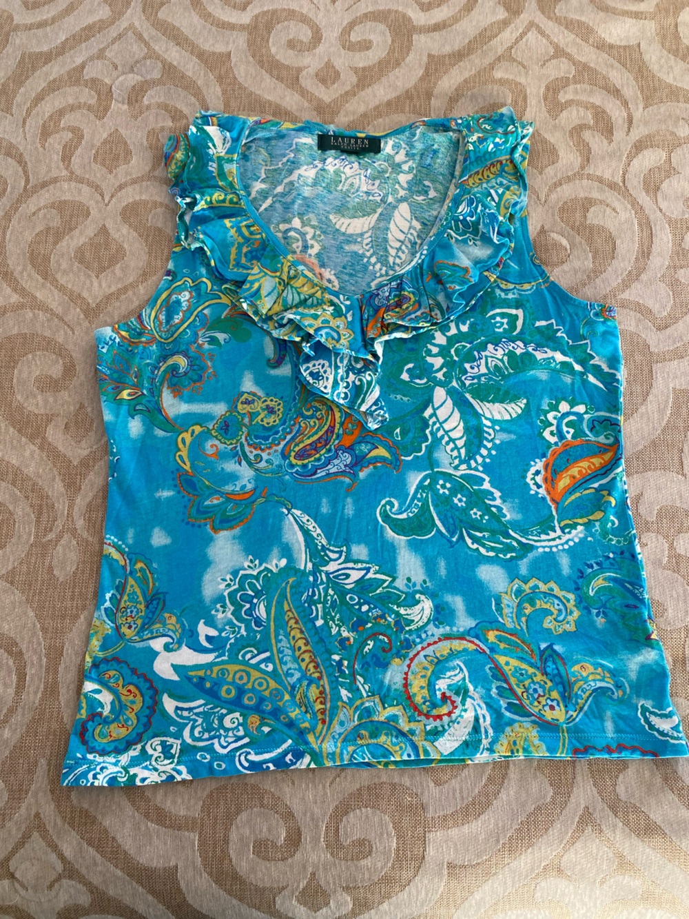 Lauren Ralph Lauren Paisley Ruffle Neck Sleeveless Blouse 100% Cotton - Picture 6 of 11